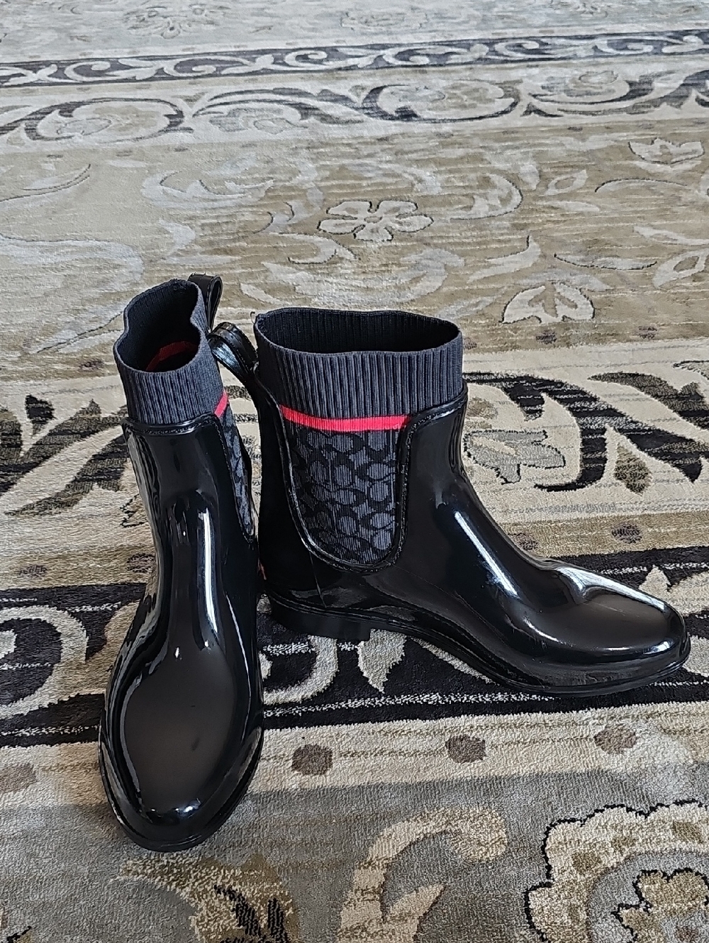 Coach Black Patent Rain Ankle Boots with Gray Monogram and Pink Accent